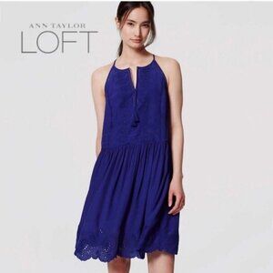 Loft Royal Blue Bohemian Coastal Tassel Pleated Eyelet Knee Length Boho Dress XS